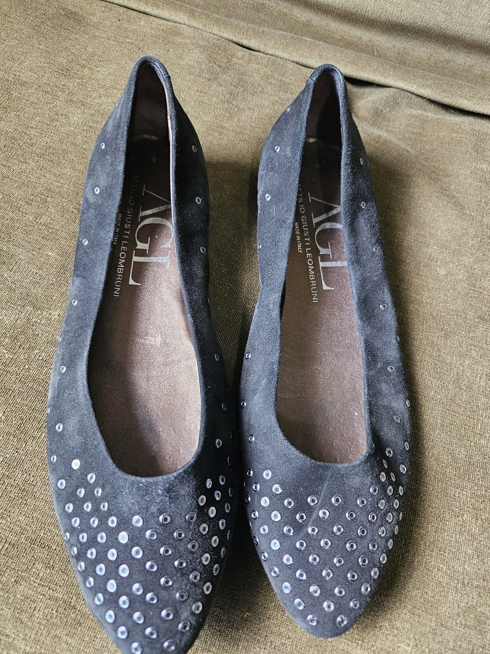 AGL Black Suede Studded Pointed-Toe Ballet Flats - Picture 9 of 12